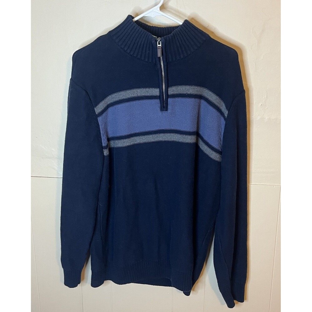 Dockers Mens XL Navy Blue Gray Striped Long Sleeve 1/4 Zip Up Pullover Sweater